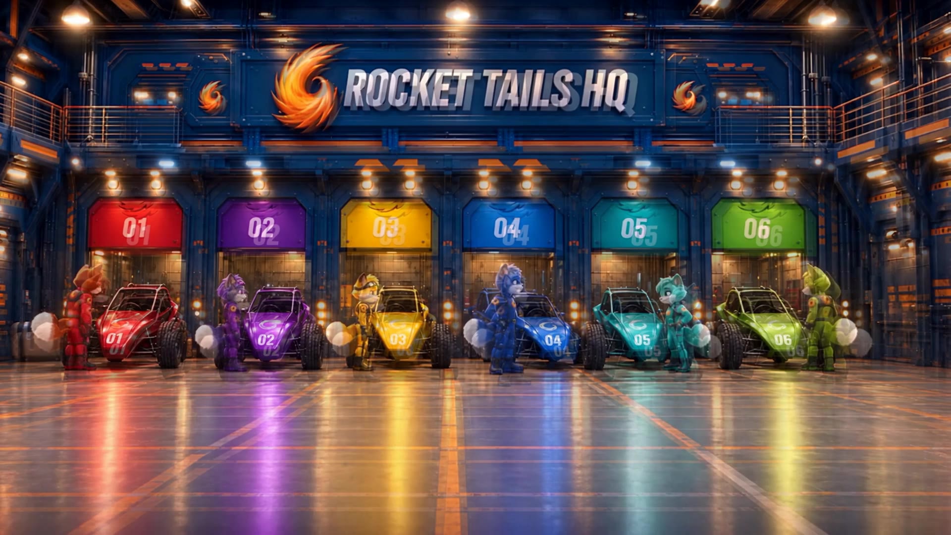 The six Rocket Tails cars lined up in their numbered garages