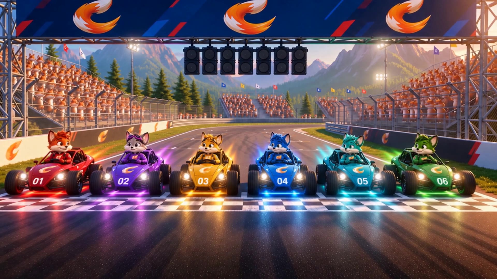 Six colourful Rocket Tails cars line up together at the race starting grid