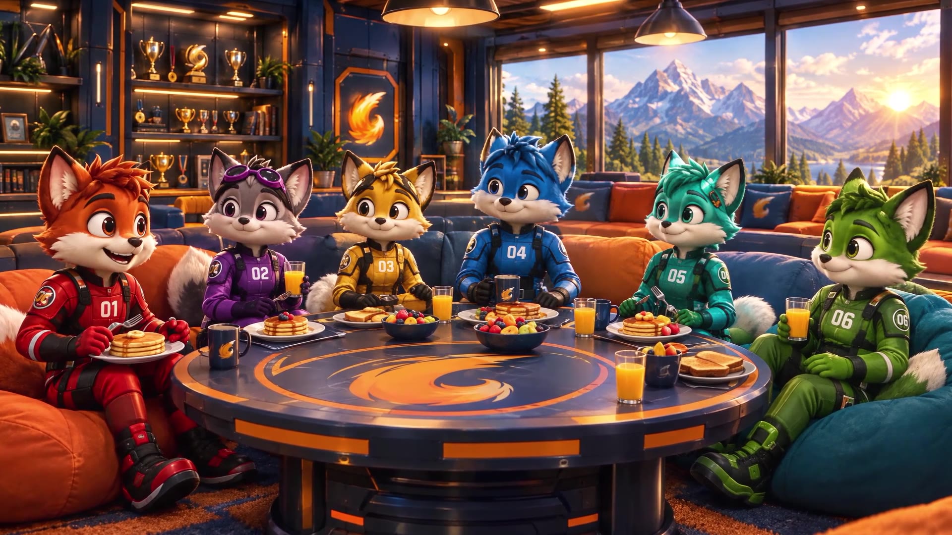 The six Rocket Tails friends together at their headquarters